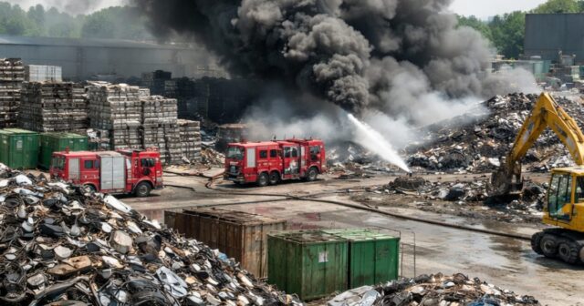 Incendio all'isola ecologica di Cavriago, intervento dei vigili del fuoco Incendio all'isola ecologica di Cavriago, intervento dei vigili del fuoco